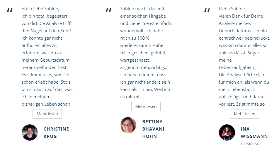 Sabine Hahne Kundenstimmen. Wie Kunden ihre Numerologie Auswertungen empfunden haben.